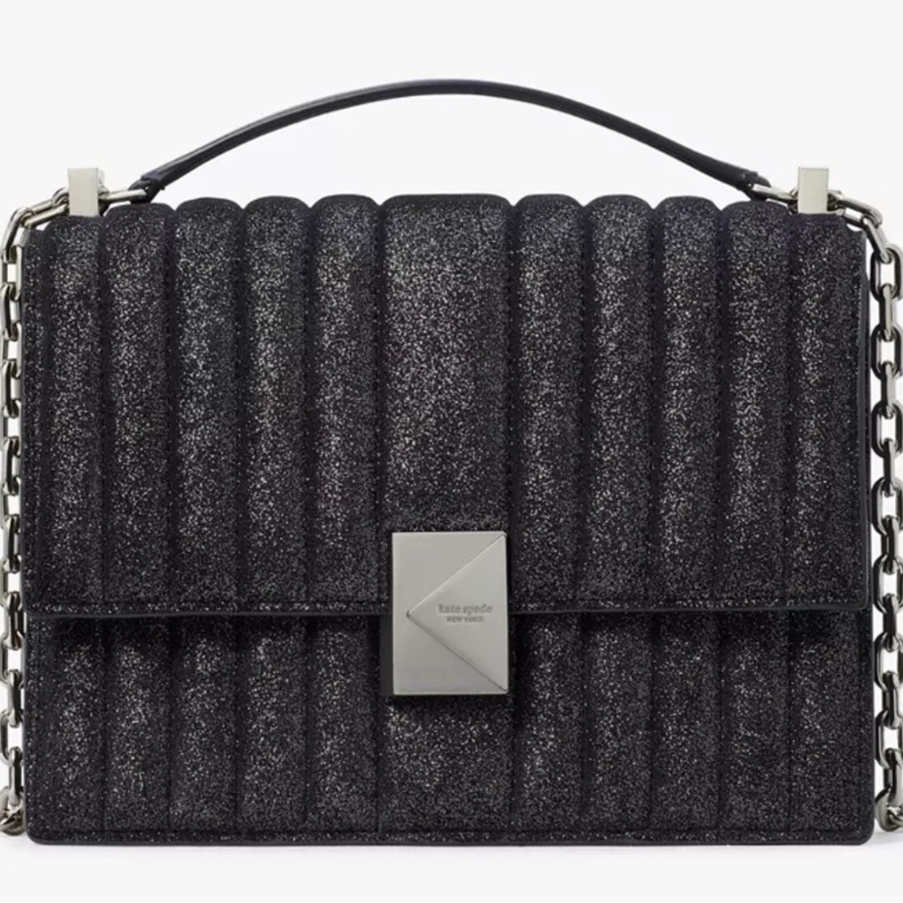 Kate Spade Deco Quilted Glitter Suede Chain Shoulder Bag Navy Multi - Picture 2 of 5